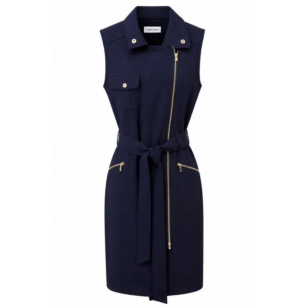 Calvin Klein Sheath Dress Women 6P Asymmetrical Zip Belted Navy Solid RegularFit